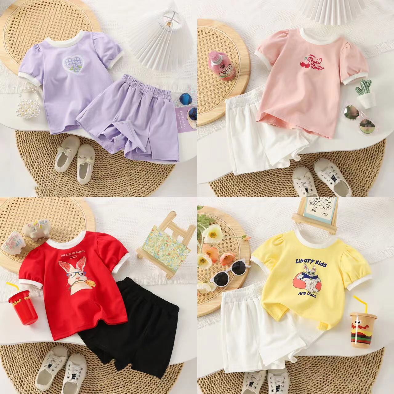 Girls summer suit pure cotton bubble short-sleeved T-shirt foreign style children's fashionable children's culottes sports two-piece set