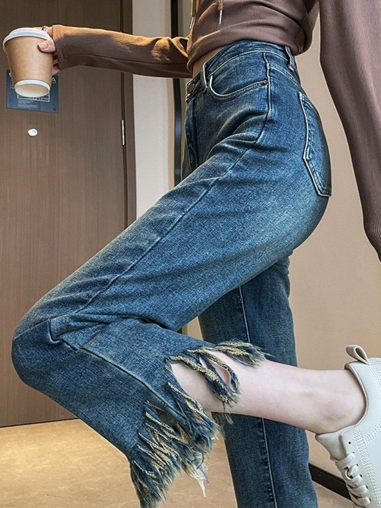特大碼300斤胖mm流蘇直筒牛仔褲女鬆緊腰寬鬆顯瘦毛邊闊腿牛仔褲