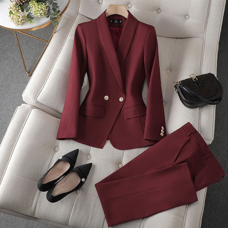 Wine red suit female  new spring and autumn small high-end professional temperament goddess Fan suit formal dress