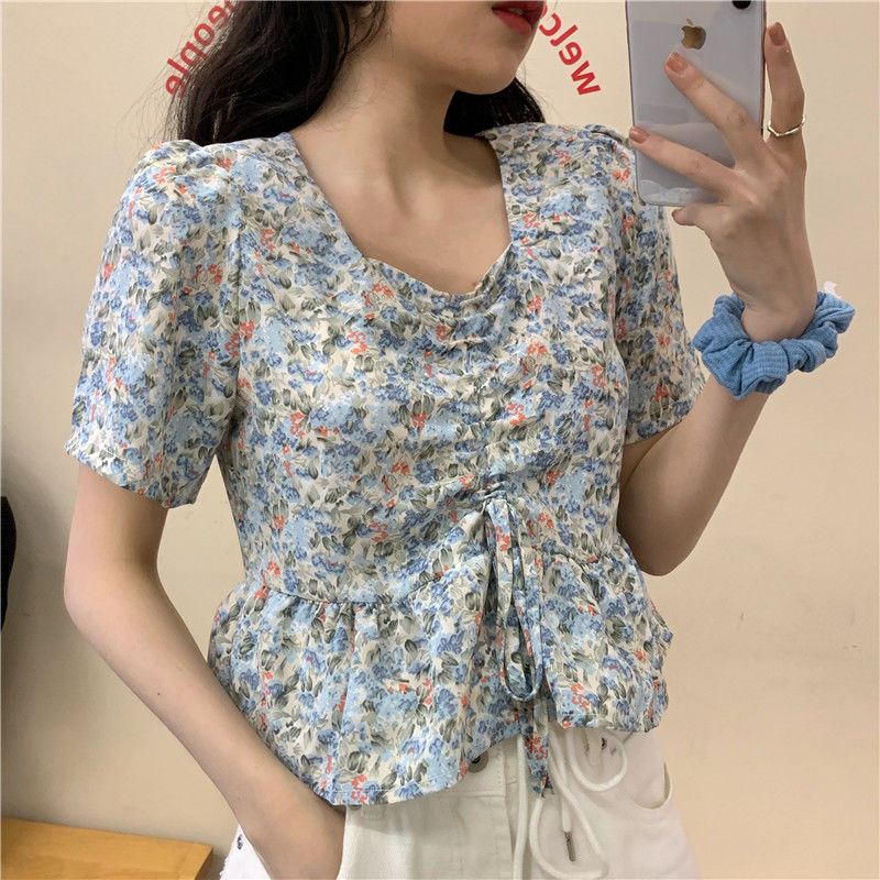 2023 summer Korean version of the new floral short-sleeved women's fat mm large size loose and thin student all-match French top trend