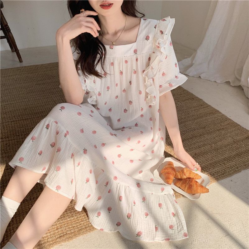 New baby cotton feeling thin section summer nightdress women's summer mid-length loose net red pajamas skirt home dress skirt