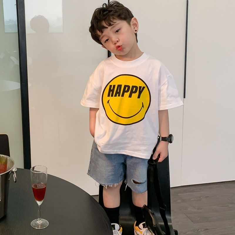 Children's T-shirt summer tops 2023 Korean version of the new boys' pure cotton smiley print short-sleeved summer clothes for big children T-shirts