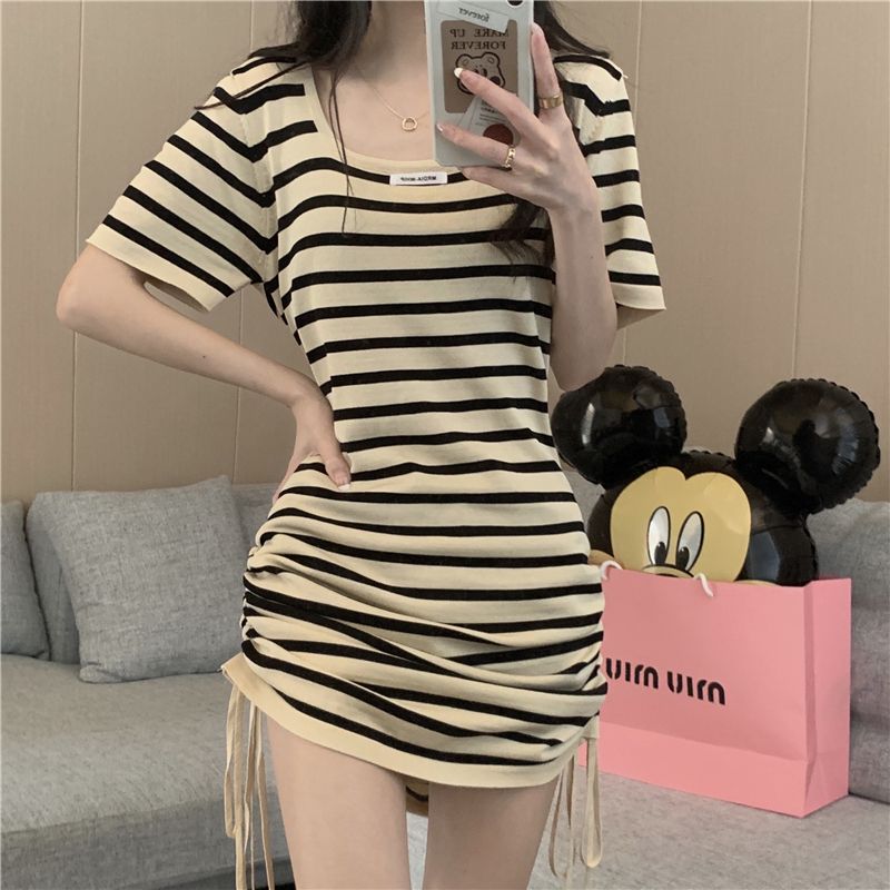 Square collar drawstring waist striped dress fat MM extra large size 300 catties summer design sense package hip pleated T-shirt skirt