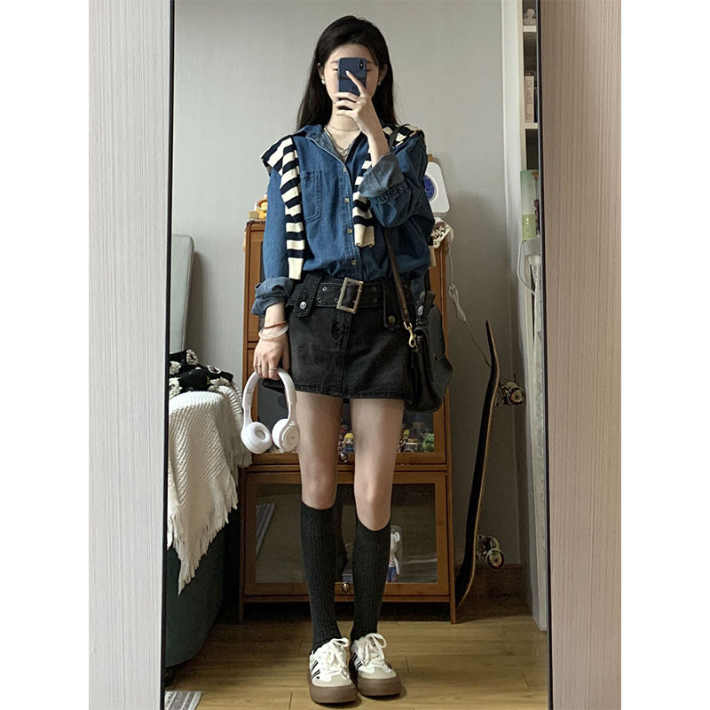 Black and gray denim skirt women's high waist Hong Kong style hot girl skirt pants large size slim bag hip summer new short skirt