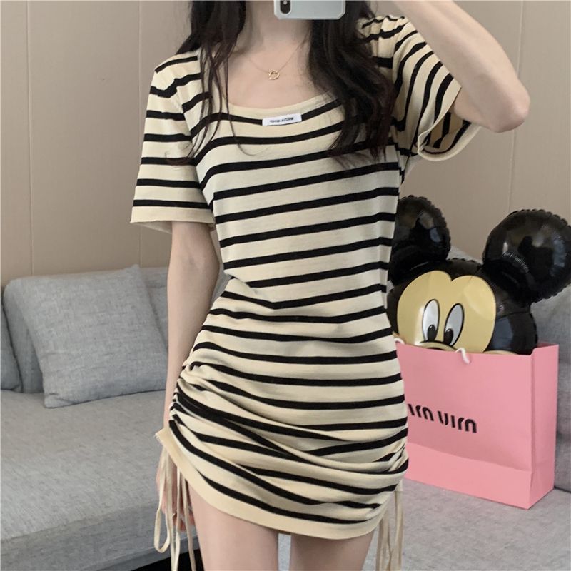 Square collar drawstring waist striped dress fat MM extra large size 300 catties summer design sense package hip pleated T-shirt skirt