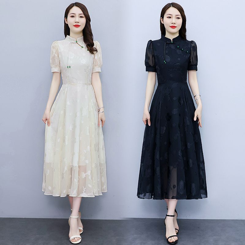 旗袍版雪紡短袖連衣裙潮2023夏裝新款長款氣質仙女裙子到腳踝超仙