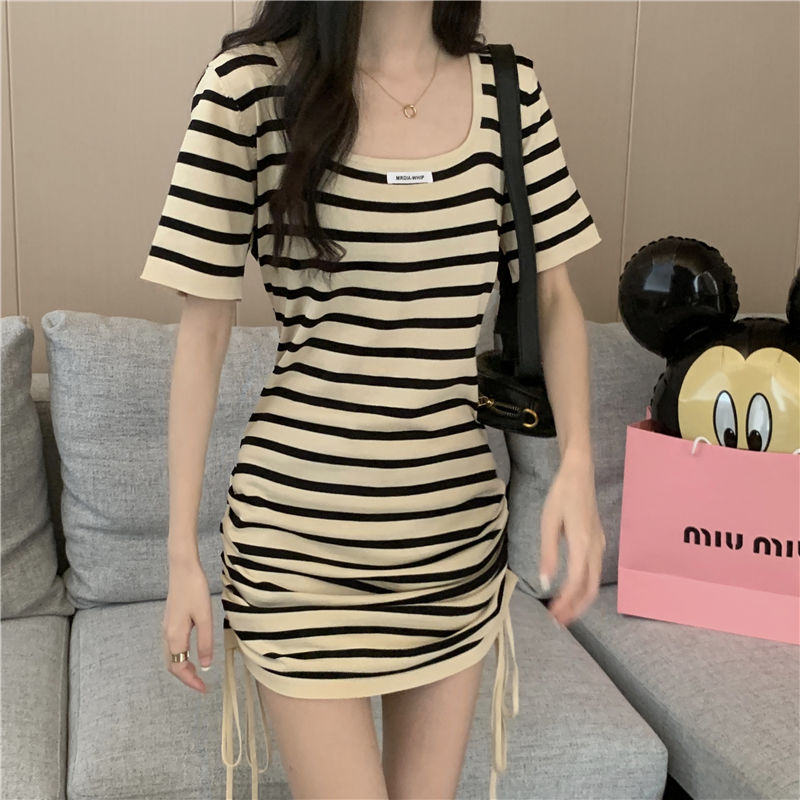 Square collar drawstring waist striped dress fat MM extra large size 300 catties summer design sense package hip pleated T-shirt skirt