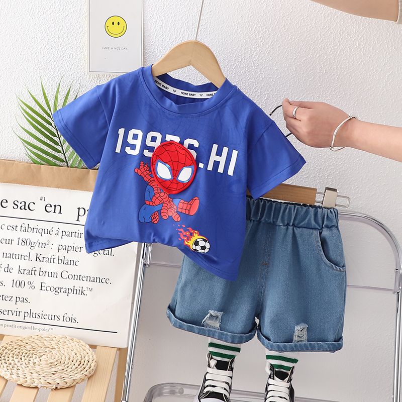 儿童夏装套装2023新款时髦男宝宝卡通短袖短裤两件套洋气男童装潮
