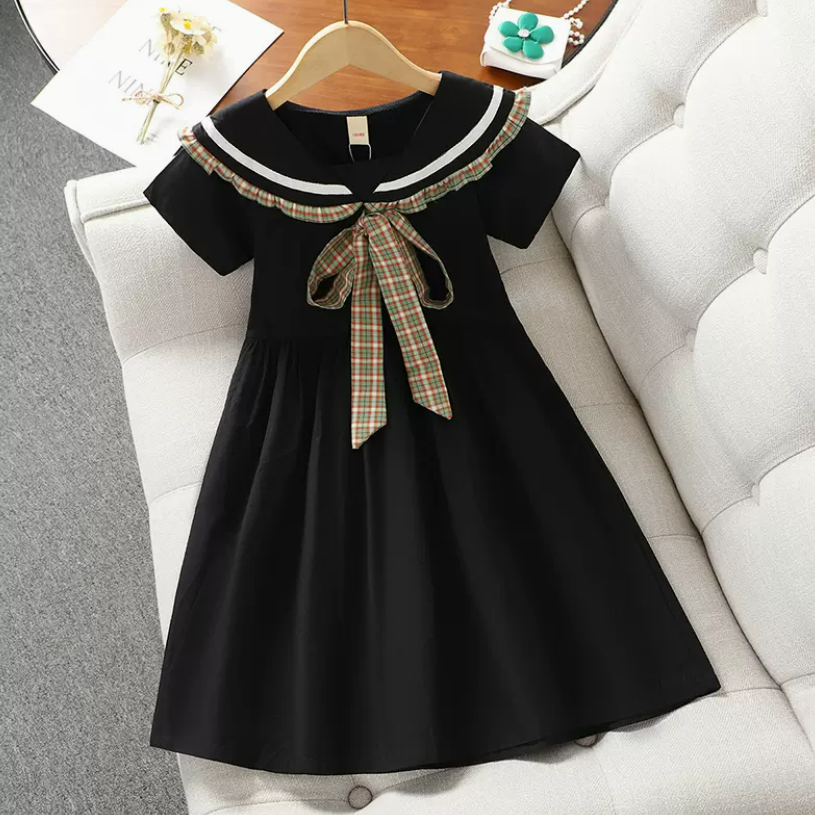 女童学院风连衣裙夏装2023新款儿童黑色长裙纯棉短袖公主裙子薄款