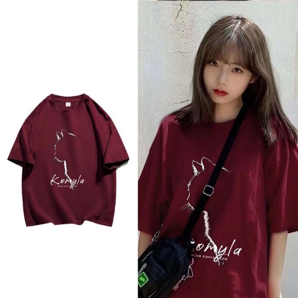 100% pure cotton American vintage wine red short-sleeved t-shirt female students Korean version loose and versatile half-sleeved top tide