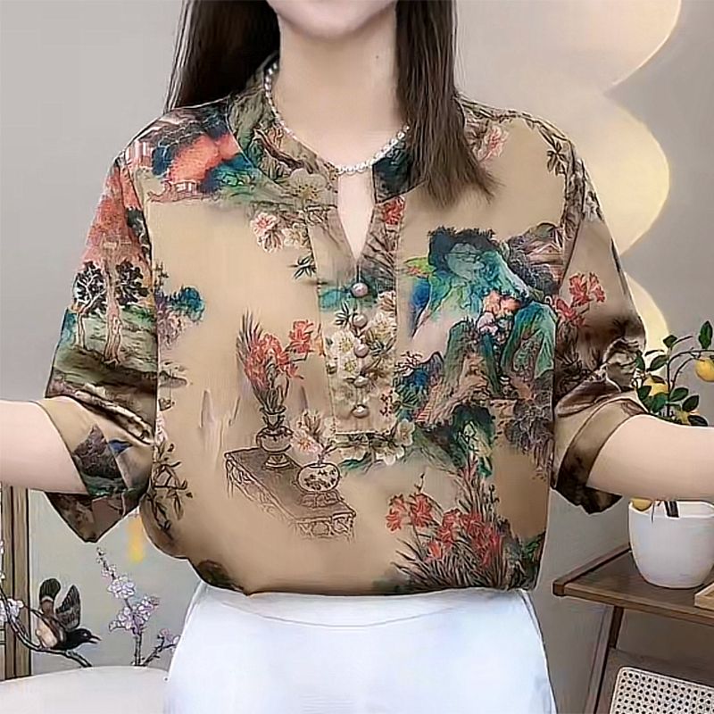 媽媽衫薄款高檔春裝洋氣中袖T恤小衫2023新款中年女士夏季打底衫