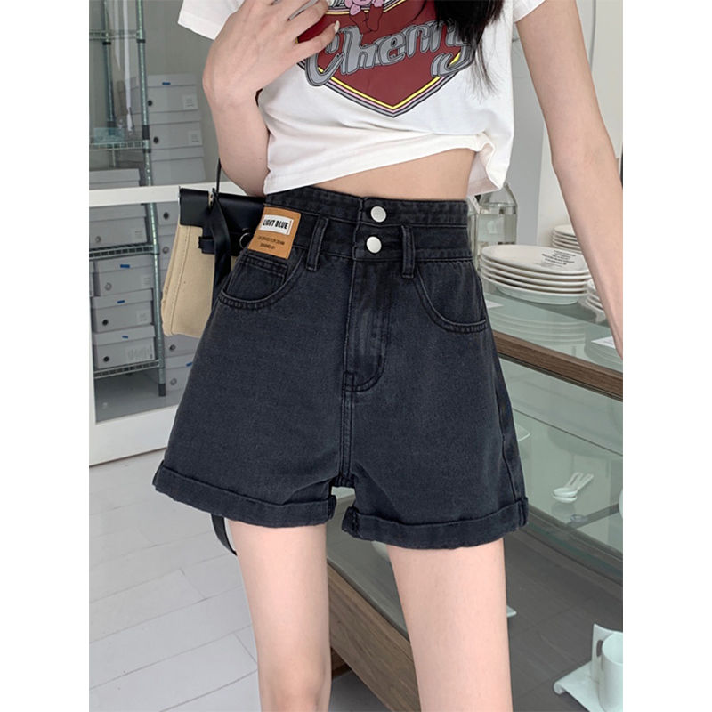 胖mm大碼牛仔短褲女夏季2023新款高腰卷邊黑色寬鬆顯瘦闊腿熱褲子