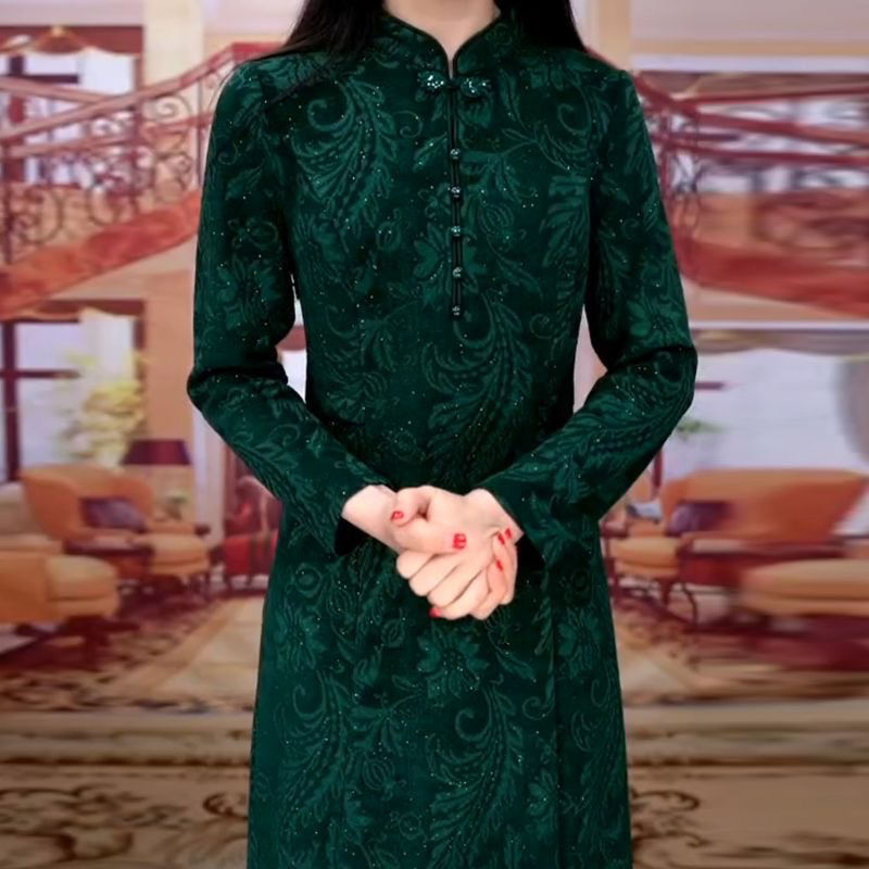 亮絲改良版旗袍連衣裙2023新款女裝春夏修身高檔洋氣媽媽長袖裙子