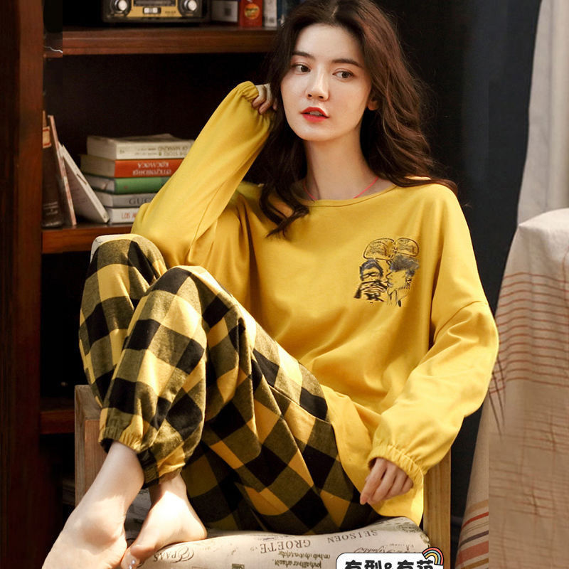 100% cotton pajamas women's spring and autumn long-sleeved Korean version cute autumn and winter summer cotton confinement clothing large size home service suit