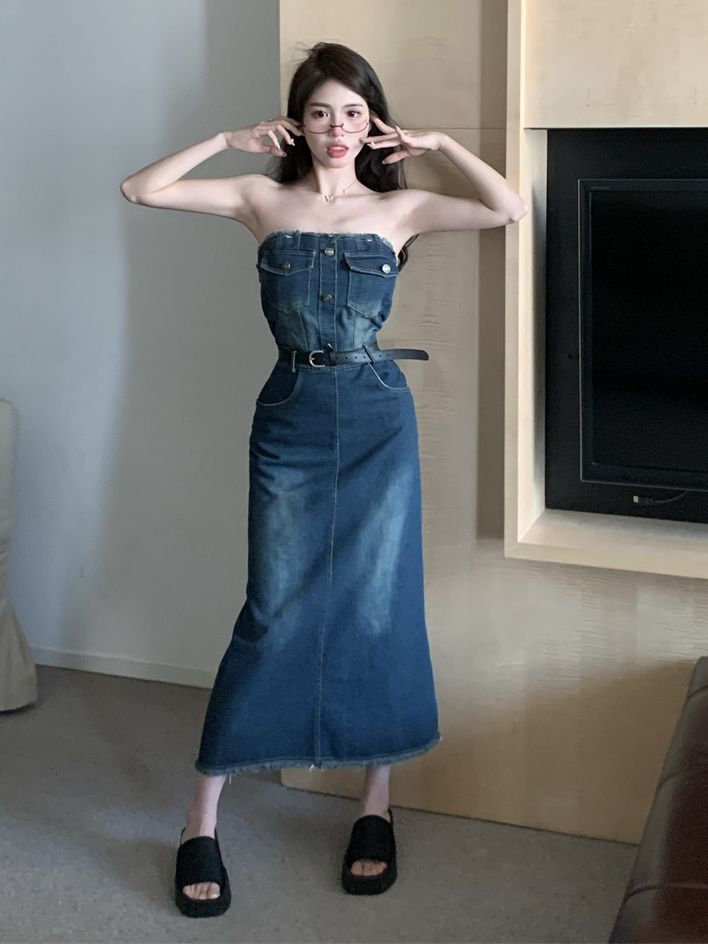 American denim breast wrap skirt for women 2024 spring and summer style waist slimming hot girl ins hip wrap skirt denim dress