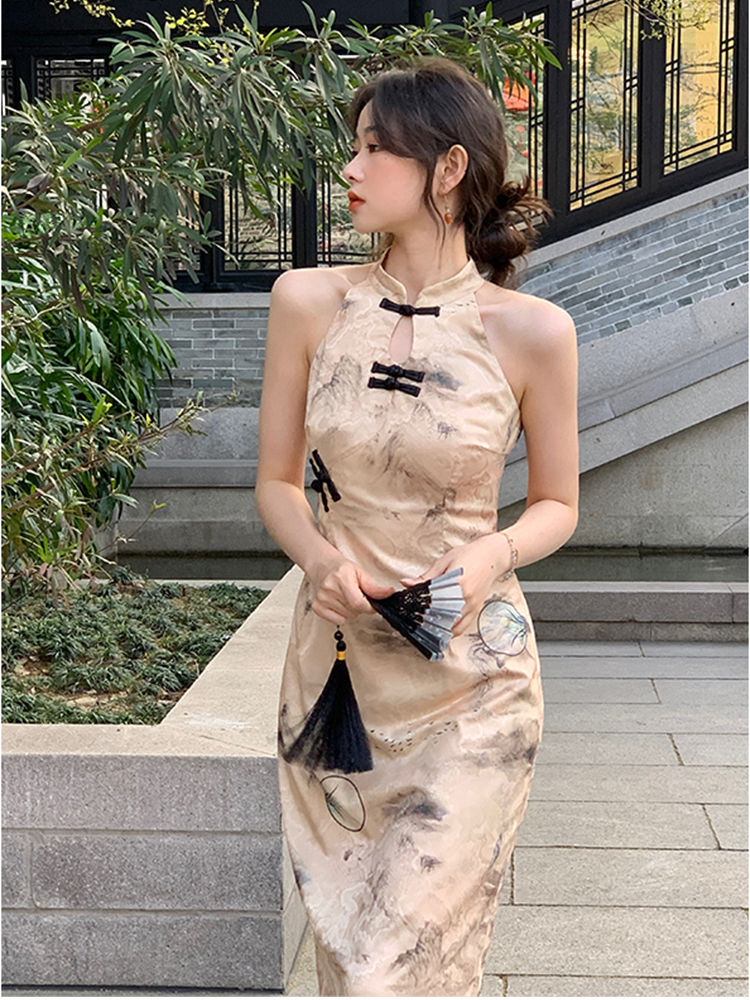 EIA一堯【夢煙雨】新中式復古改良旗袍女夏印花掛脖連衣裙兩件套