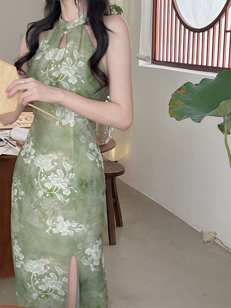 TYANG貳羊設計新中式氣質純欲禪意掛脖收腰修身顯瘦開叉旗袍長裙