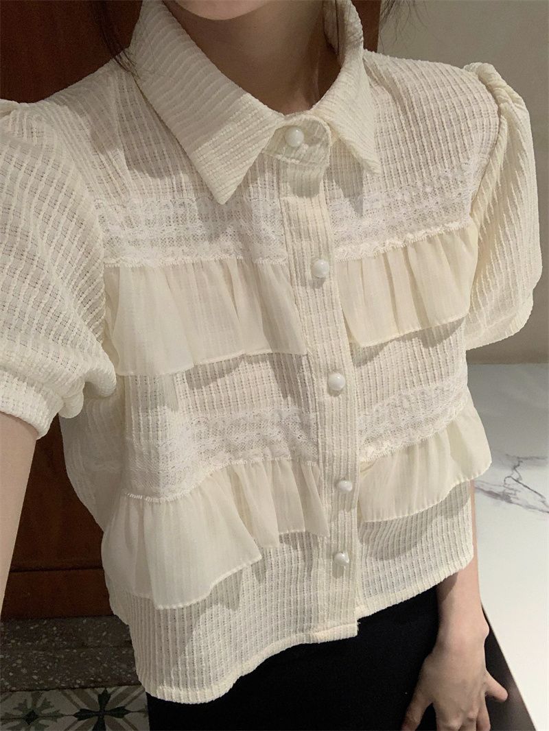 夏季新款法式小众甜美设计感蕾丝花边短袖衬衫宽松短款设计感上衣