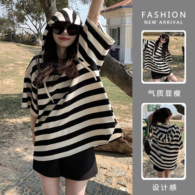 Large size fat mm summer loose Korean striped short-sleeved T-shirt female niche cover belly top ins tide 200 catties 300
