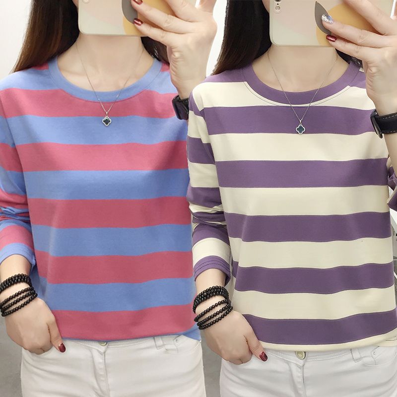 Striped long-sleeved t-shirt women's 2023 spring and autumn new foreign style bottoming shirt fat mm loose large size thin cotton top