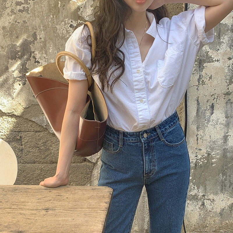 Pure cotton white shirt short-sleeved Hong Kong style temperament white shirt summer polo shirt top French design sense niche style