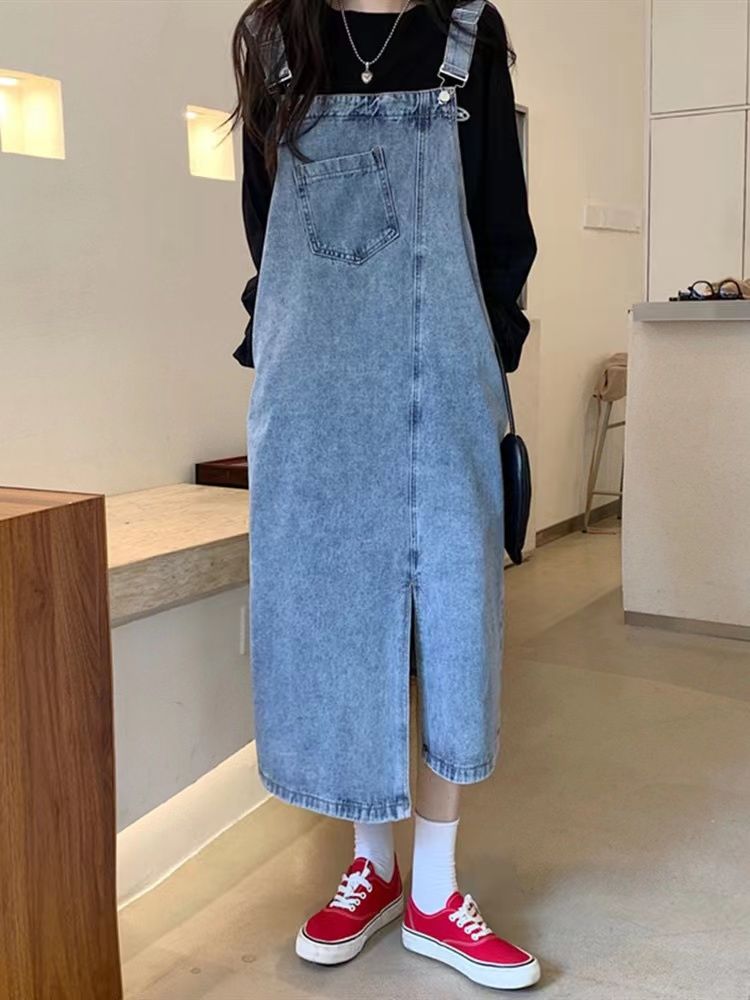 2023 early autumn loose denim suspender skirt large size student asymmetrical niche design sense dress women's clothing