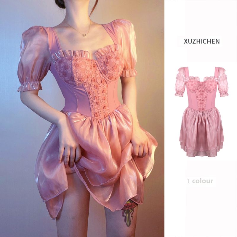 2023 Pink Lace Small Breasts Gathered to Cover Belly and Look Slimming Conservative Boxer Skirt Style One-piece Swimsuit for Women to Take a Sweet Hot Spring Bath