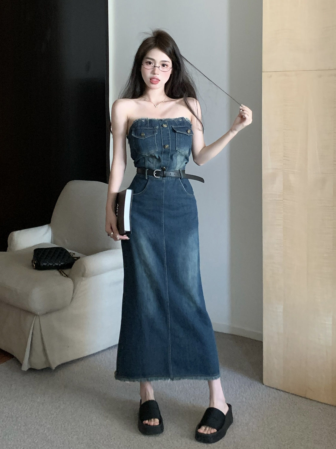 American denim breast wrap skirt for women 2024 spring and summer style waist slimming hot girl ins hip wrap skirt denim dress