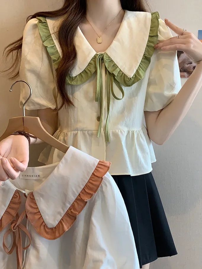 夏季新款小個子別致娃娃領撞色襯衫韓版小眾設計感系帶短款上衣女