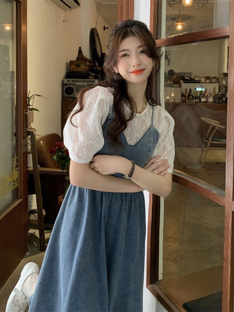 Summer French retro denim dress women 2023 new waistline slimming mid-length suspender skirt