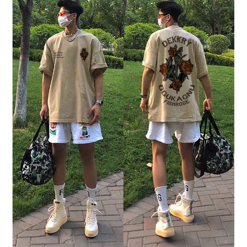 100%純棉美式街頭玫瑰印花短袖t恤男夏季潮牌寬鬆歐美風半袖上衣