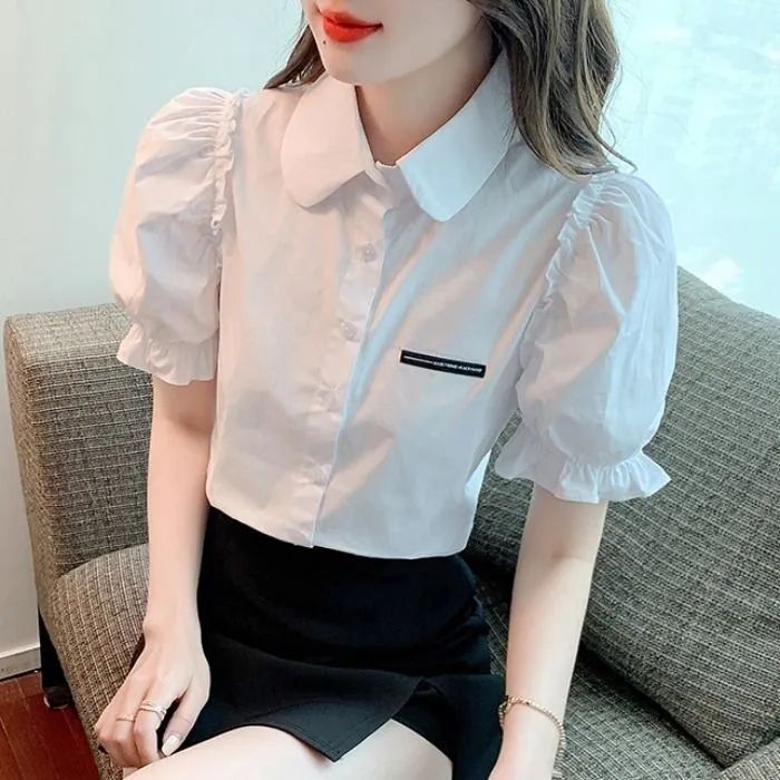 泡泡袖白雪紡襯衫女夏季新款設計感小眾法式上衣時尚別致短袖襯衣