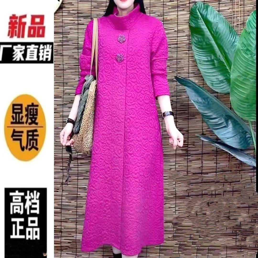 秋冬新款加厚保暖民族風浮雕立體寬鬆遮肉顯瘦大擺型高領時尚裙子
