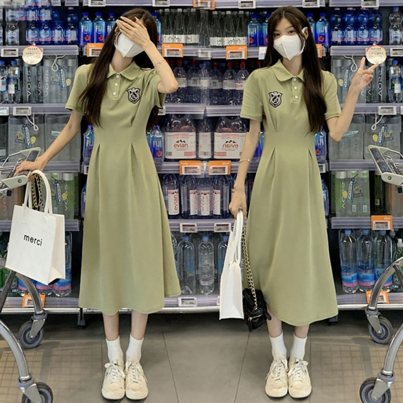 夏季連衣裙女新款韓版寬鬆顯瘦遮肚娃娃領中長款a字裙過膝長裙潮