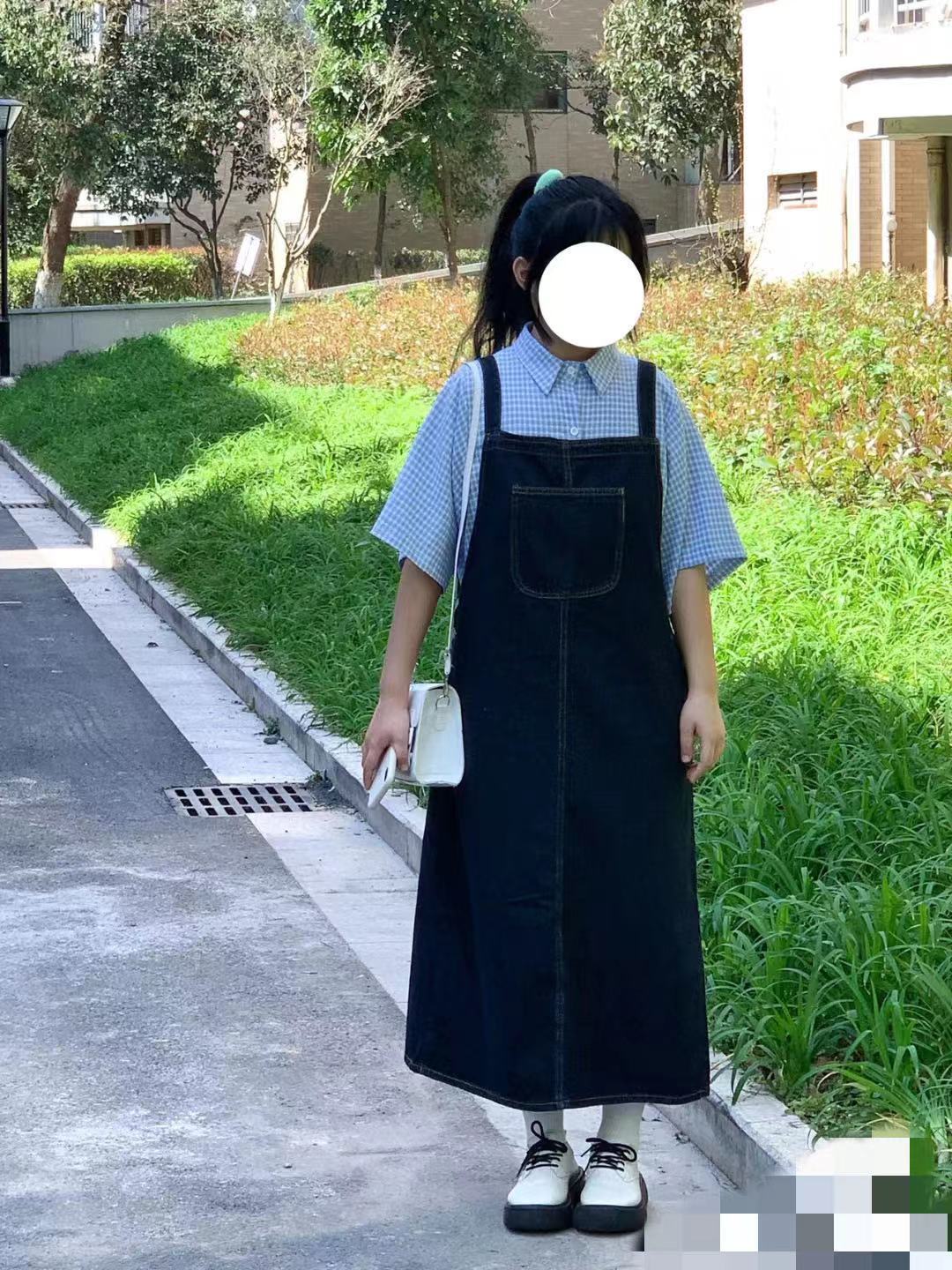 日系可愛牛仔背帶裙女小個子新款裙子寬鬆中長款學生連衣裙女ins