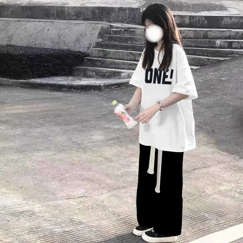 2023夏季套裝女學生韓版寬鬆短袖T恤+高腰直筒顯瘦闊腿褲子兩件套
