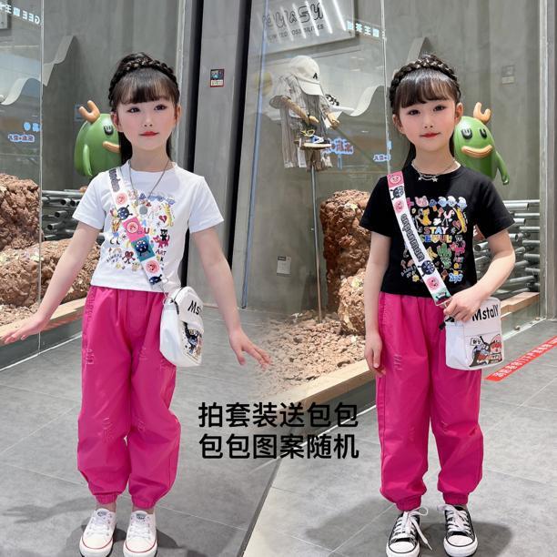 女童卡通短袖T恤休閒破洞褲子套裝2023新款網紅中大兒童夏季童裝
