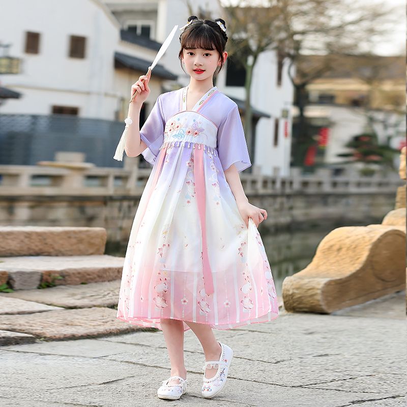 女童漢服連衣裙夏季2023新款中大童洋氣時髦公主裙兒童中國風裙子