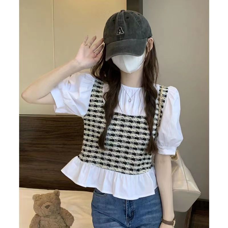 Summer beautiful western-style shirt French fake two-piece short-sleeved shirt ladies design sense niche sweet chic top