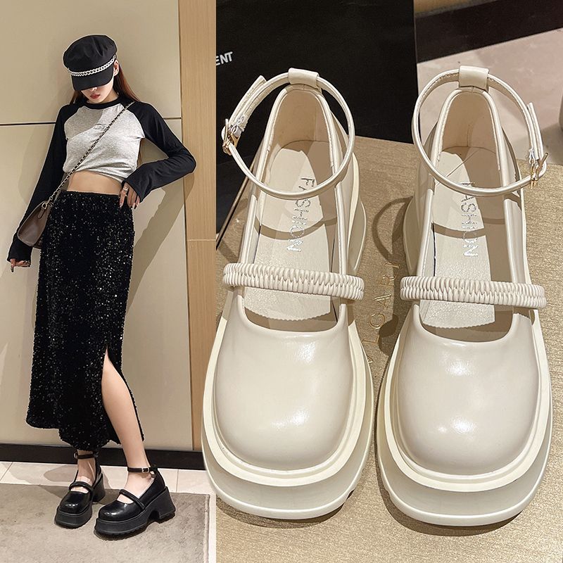高跟厚底瑪麗珍鞋女2023春季新款法式復古甜酷配裙子一字帶小皮鞋
