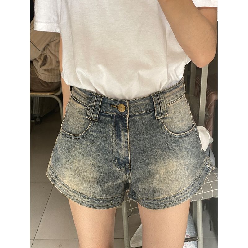 Retro babes denim shorts for small girls summer old high-waisted straight-leg slim a-line wide-leg hot trousers