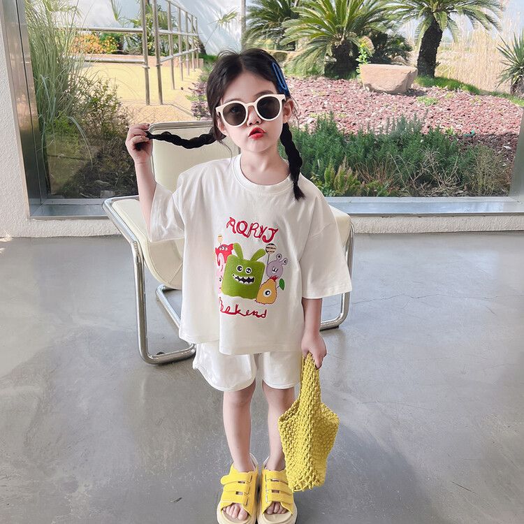 2023 New Girls' Children's Clothes Baby Girls Sweet and Cute Suit Summer Girls' Western-style Backless Short-sleeved Two-piece Set