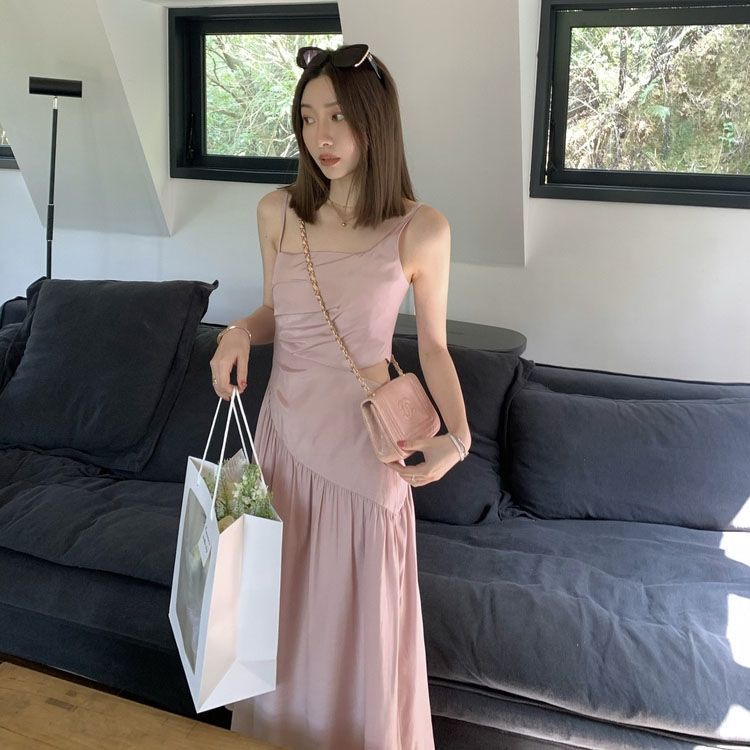 Irregular pleated suspender dress women  spring and summer new high-end light luxury waist slimming long skirt