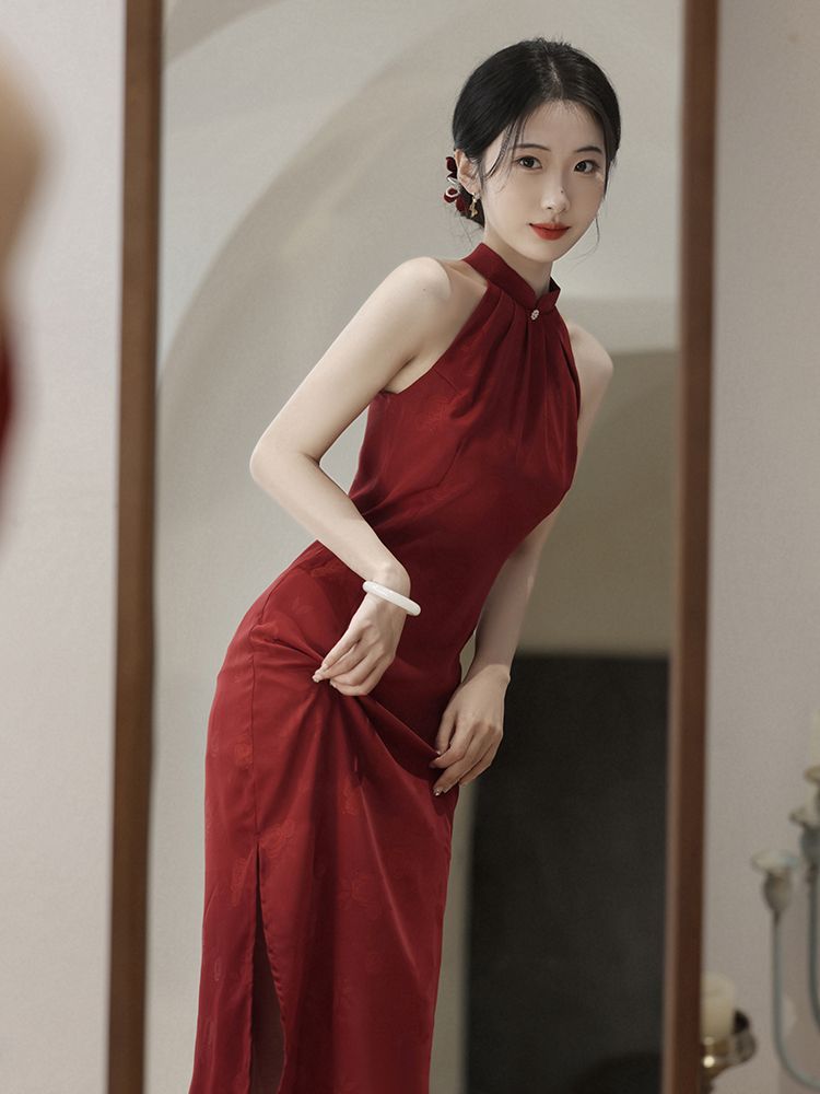 新中式旗袍敬酒服新娘2023新款晨袍紅色結婚改良國風長裙訂婚禮服