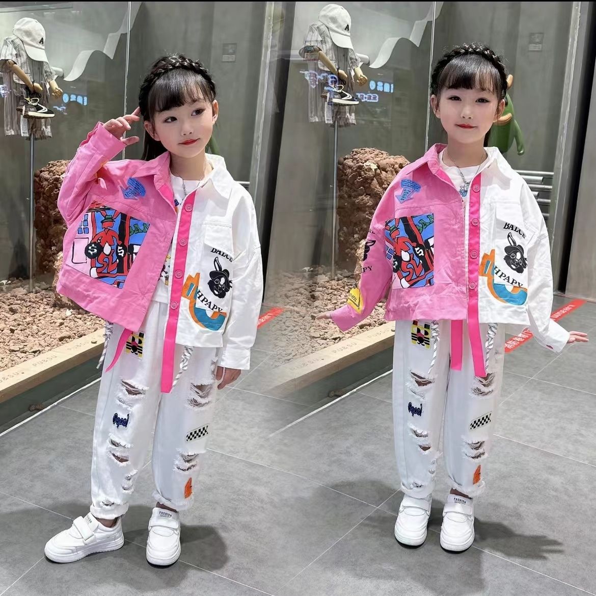 女童外套春秋款2023新款兒童洋氣時髦百搭夾克中大童拼色時尚上衣