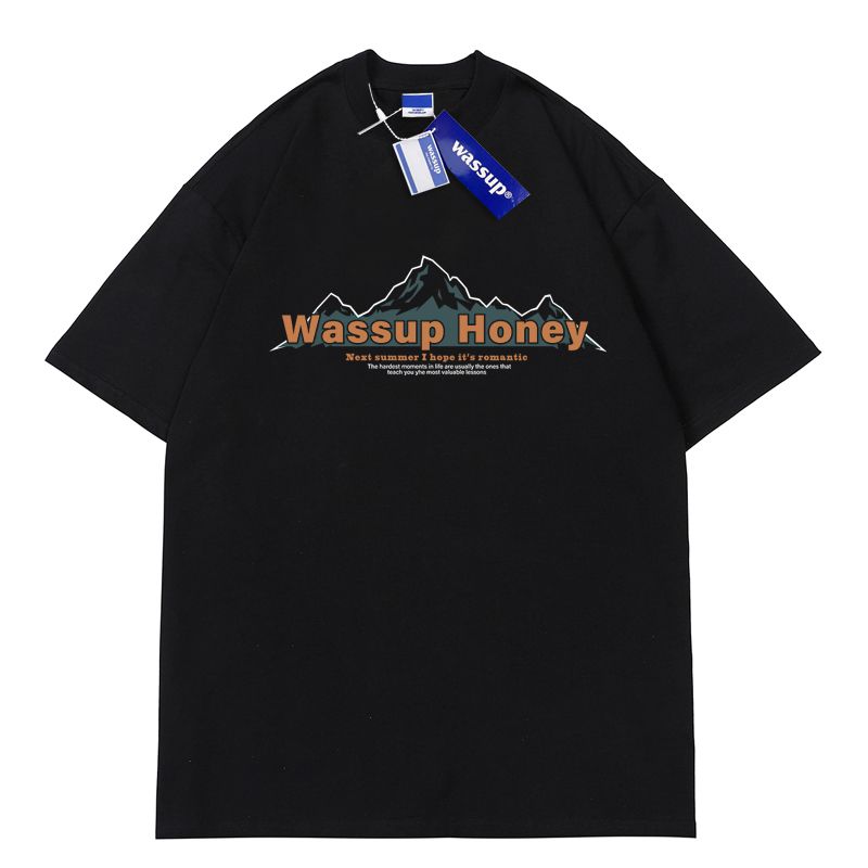 Wassup國潮雪山印花潮牌寬鬆短袖t恤男女夏季情侶休閒體恤ins半袖