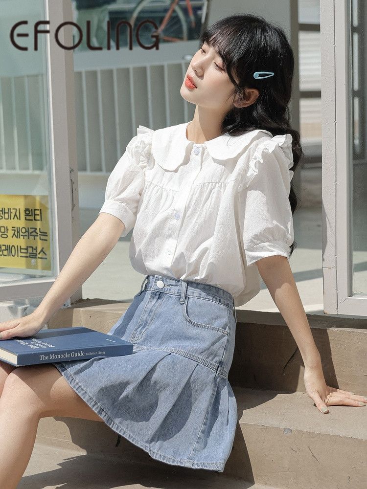 EFOLONG夏季款法式復古氣質寬鬆顯瘦娃娃領設計感百搭襯衫女襯衣