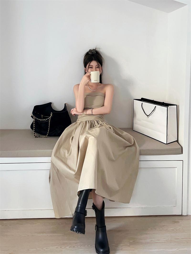 Fashion design sense tube top temperament dress women spring  new one-shoulder khaki waist waist long skirt tide