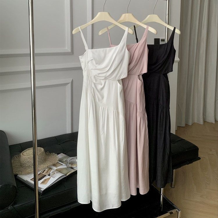 Irregular pleated suspender dress women  spring and summer new high-end light luxury waist slimming long skirt