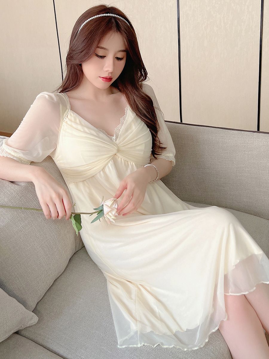 Pure lust nightdress female summer mesh sexy lace short-sleeved pajamas pure desire wind with chest pad 2023 new